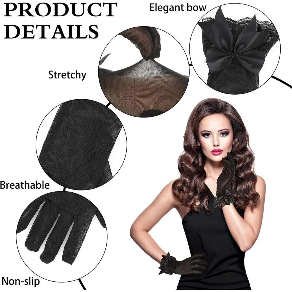 Women's Evening Black Short Bow Lace Gloves Mitten Party Costume Accessories